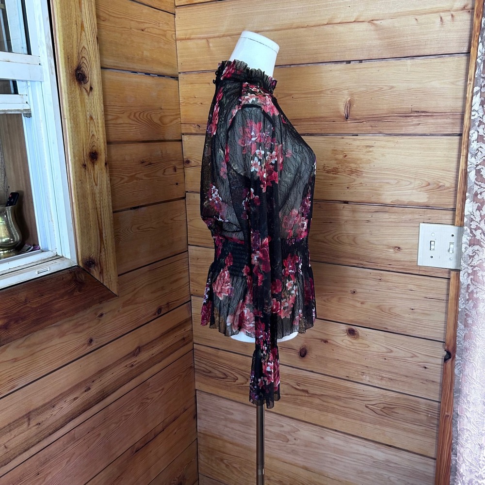 Floral Sheer Mesh Lace Blouse Large Black Mock Neck Smocked Whimsigoth Vamp Dark - Picture 5 of 8
